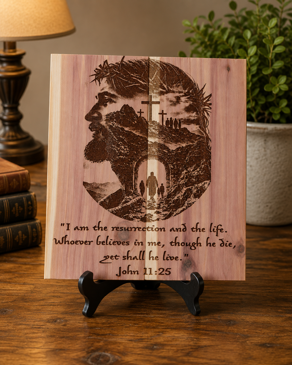 Jesus Resurrection & Cross Laser Engraved Cedar Plaque – John 11:25