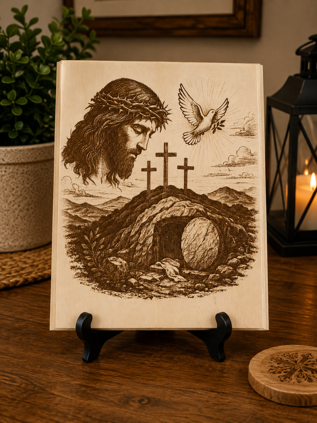 Jesus Resurrection Laser Engraved Wood Plaque – Empty Tomb, Crosses & Dove