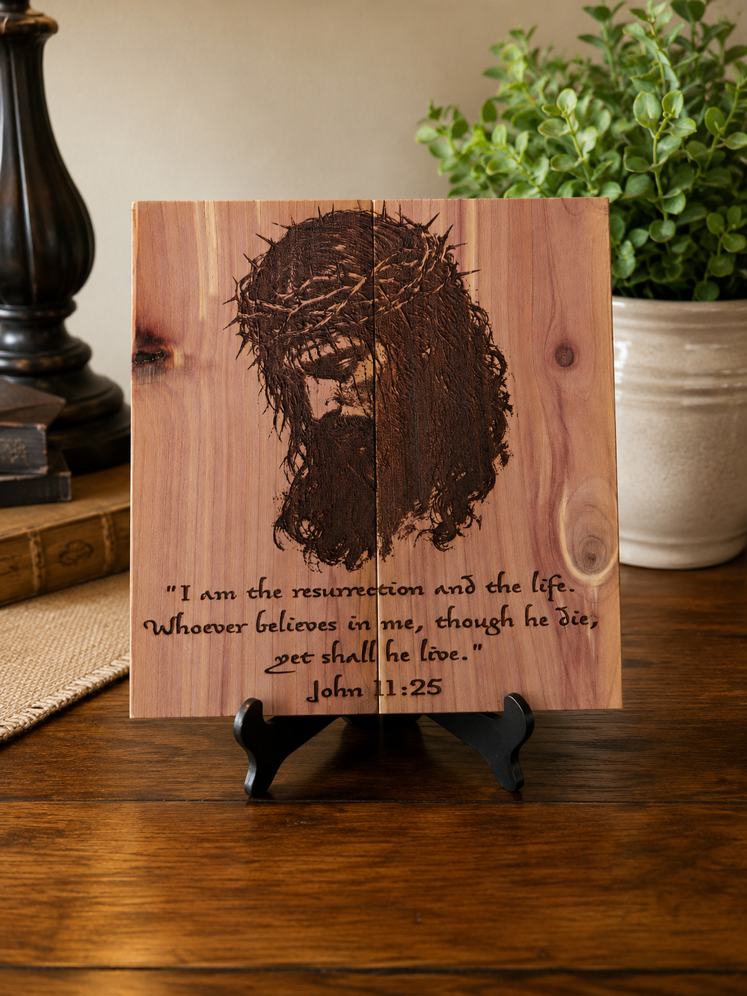 Jesus Crown of Thorns Laser Engraved Cedar Plaque – John 11:25