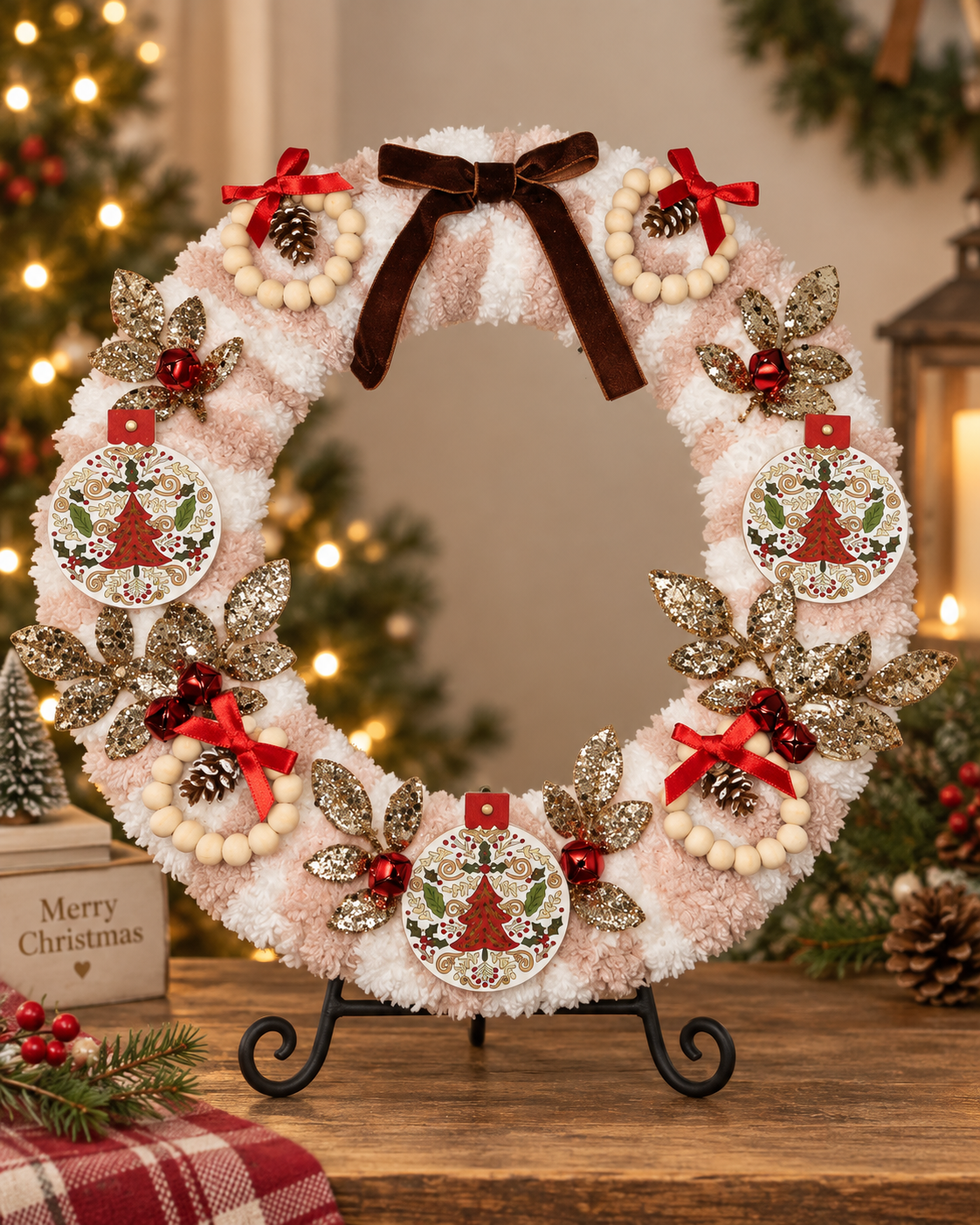Blush pink and white handcrafted Christmas wreath