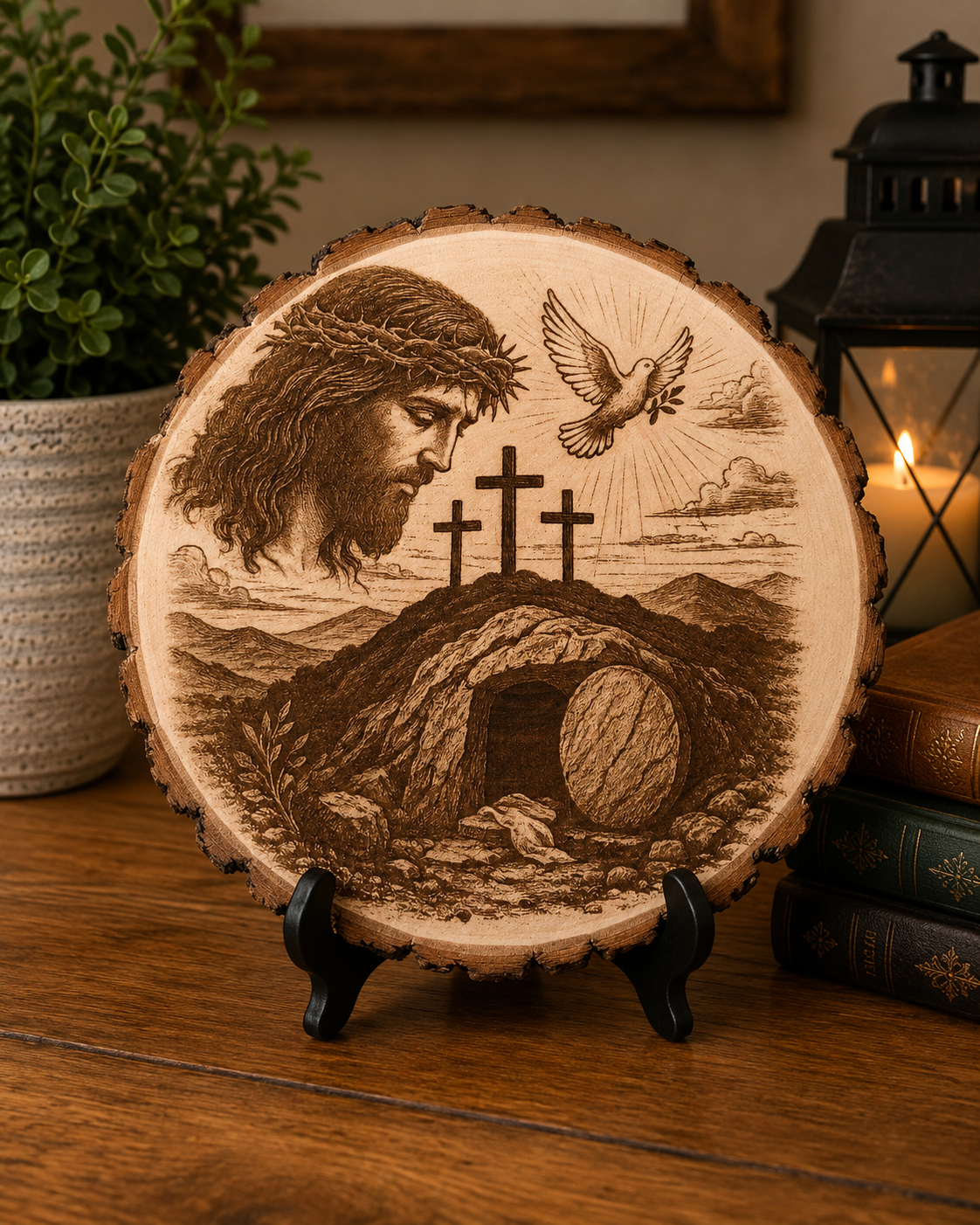 Jesus Resurrection Laser Engraved Wood Slice – Empty Tomb & Three Crosses