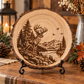 Engraved deer wood slice decor displayed on a black easel in a warm rustic setting