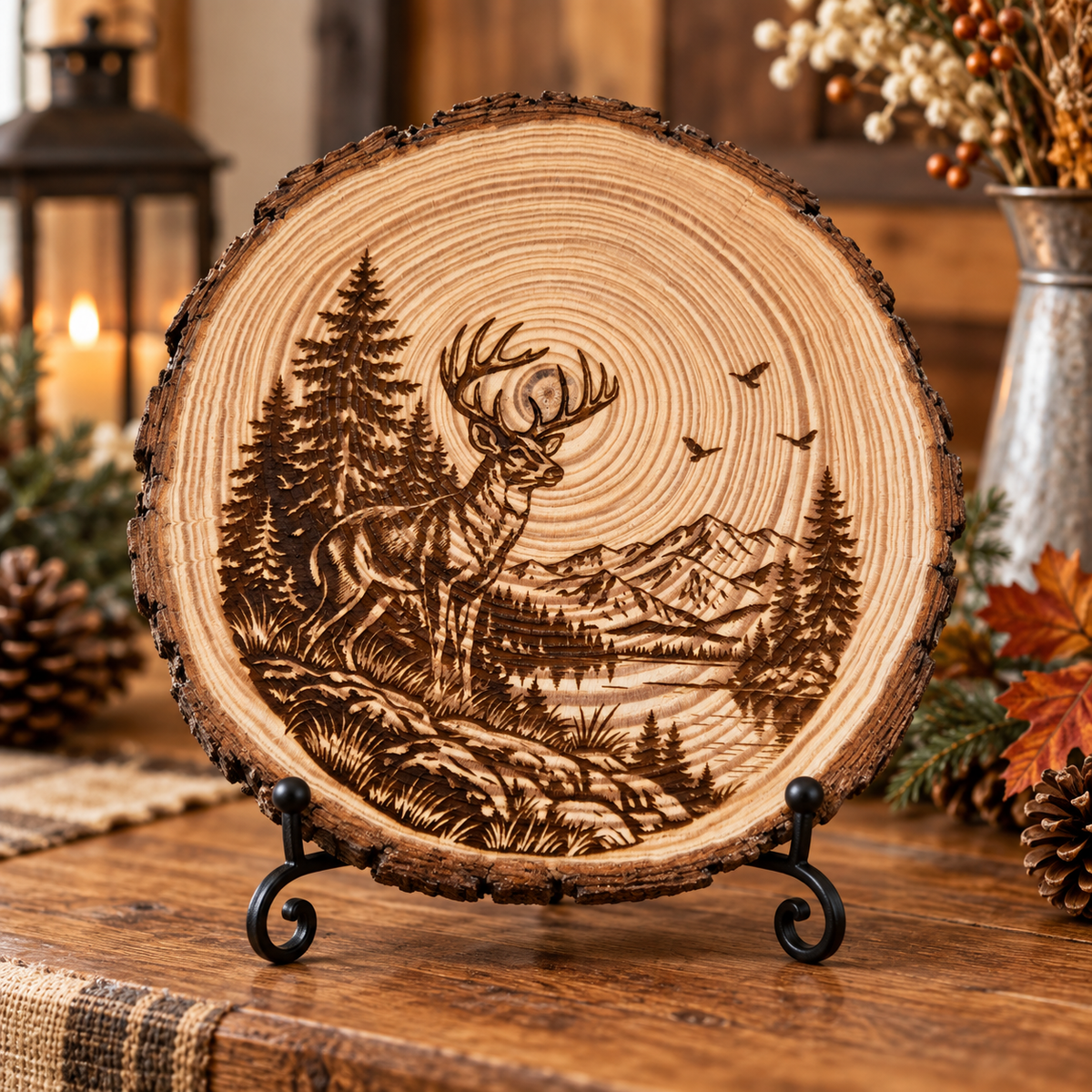 Engraved deer wood slice decor displayed on a black easel in a warm rustic setting
