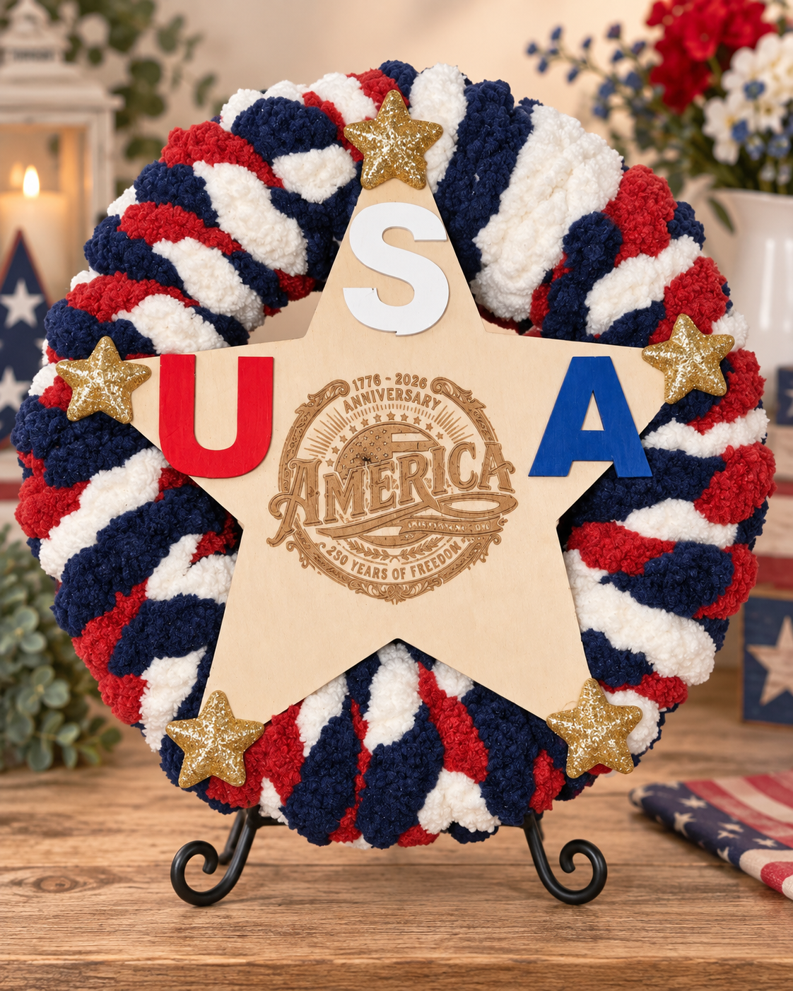 Handcrafted red white and blue wreath with wooden star centerpiece